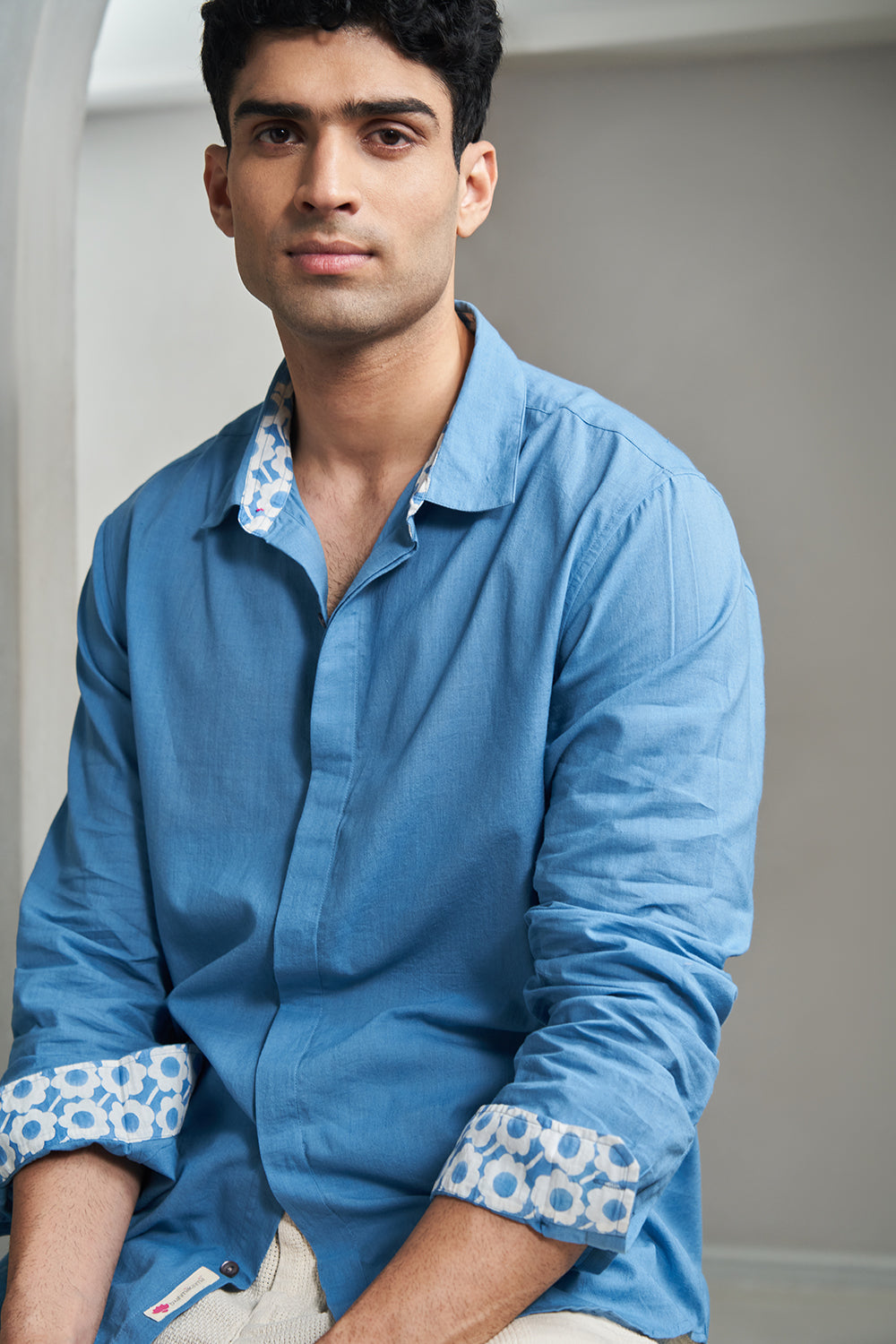 Blue Flowers Handloom muslin Men's Shirt