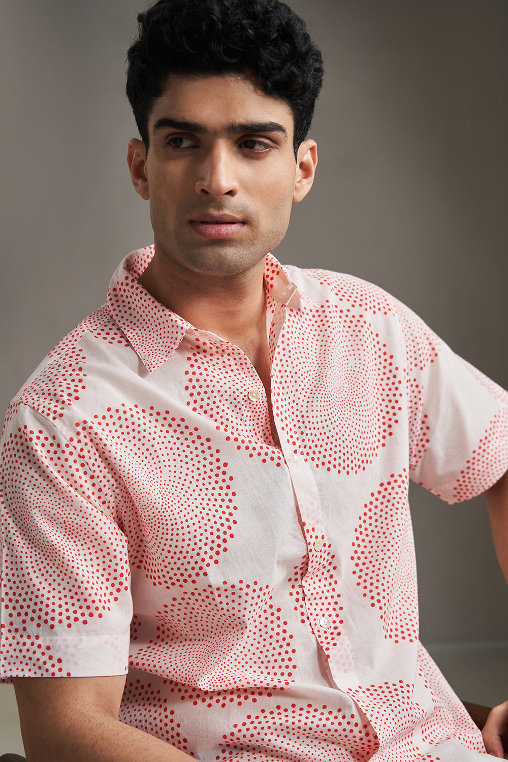 Red Dots Circle Handblock Printed Men's Shirt 