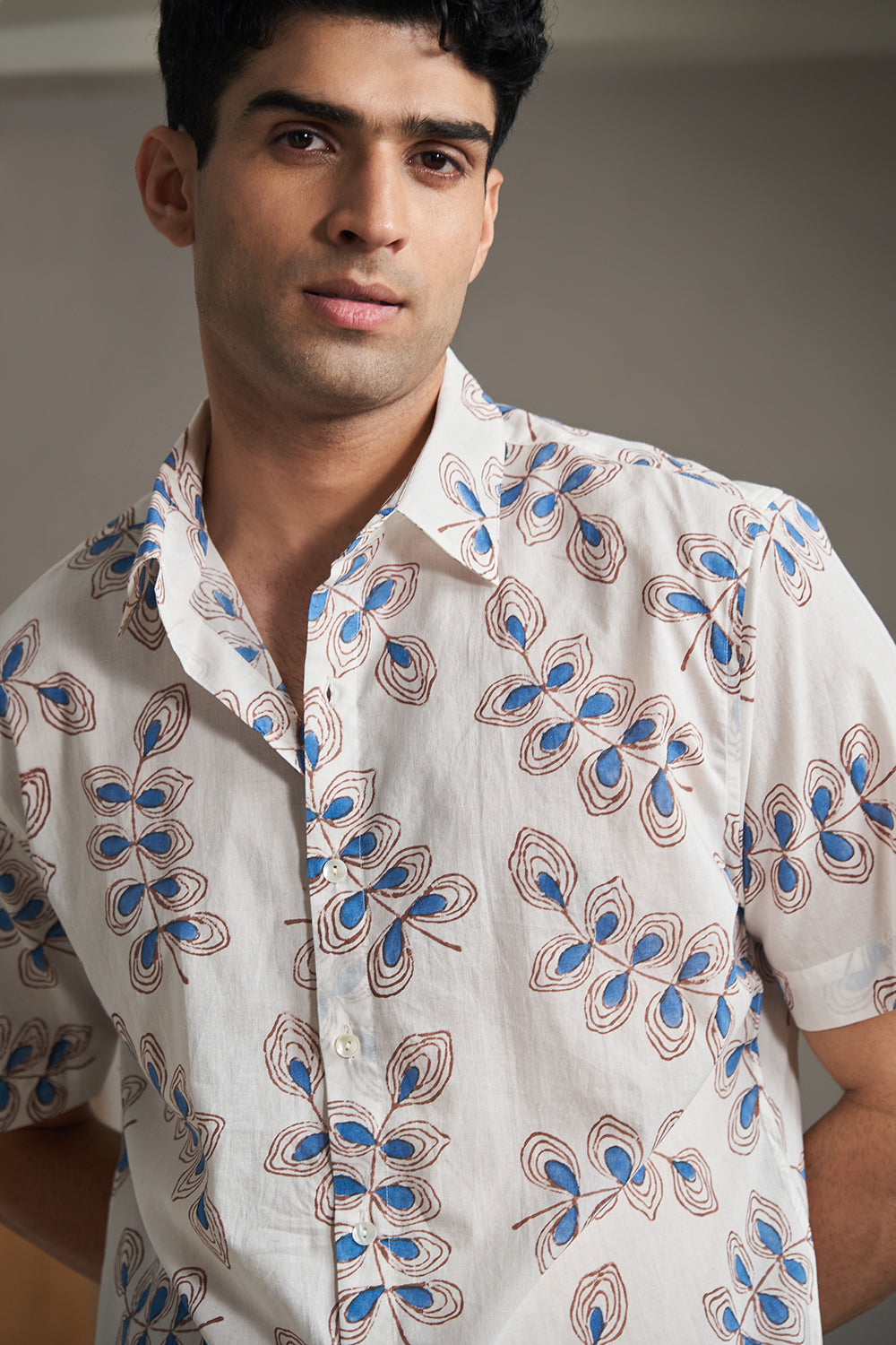 Blue multi color Twig Handblock Printed Men's Shirt 