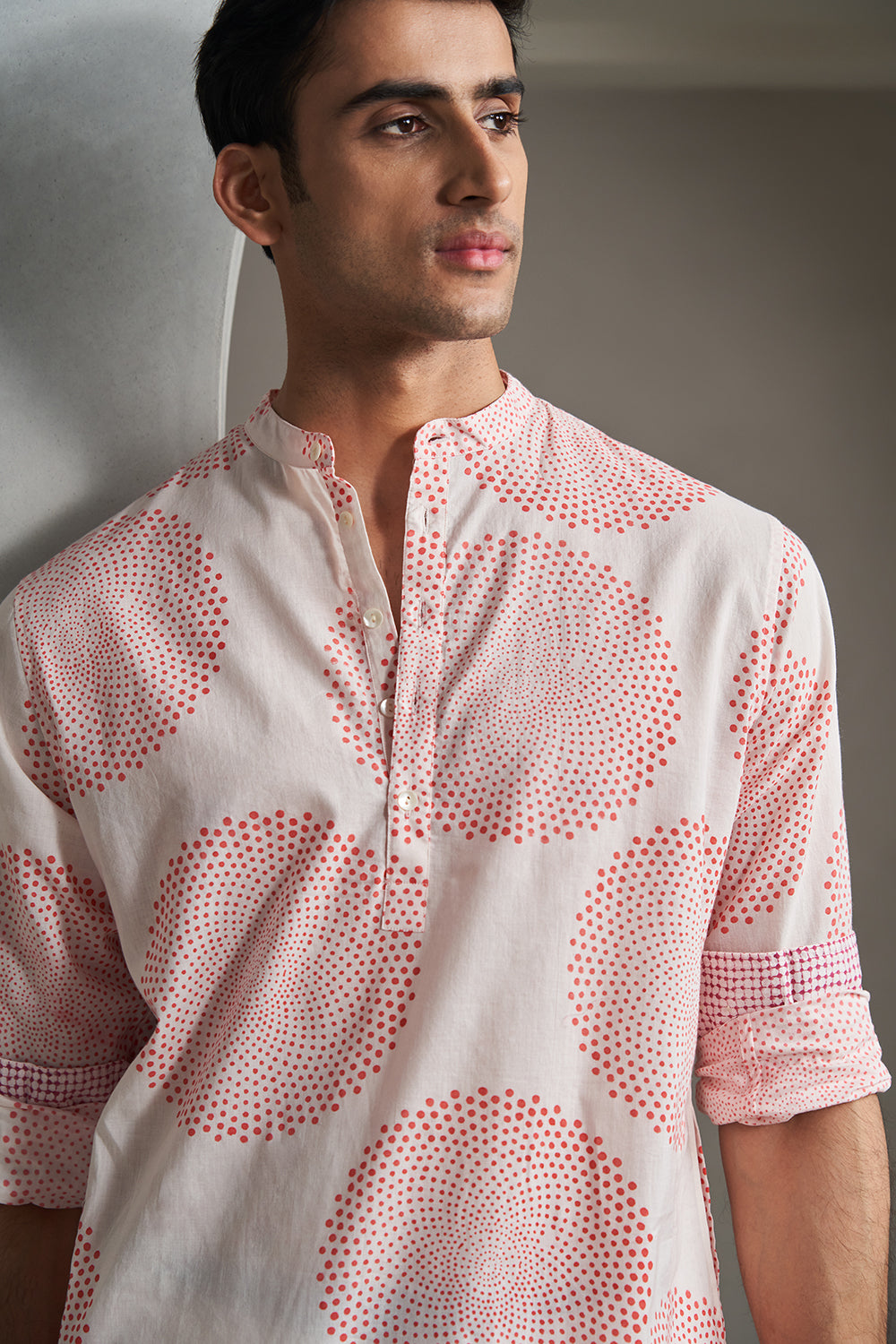 Red Dots Circle Handblock Printed Men's Kurta