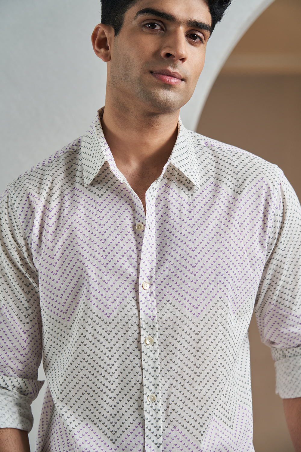 Grey Leaf Chevrons Handblock Printed Men's Shirt 