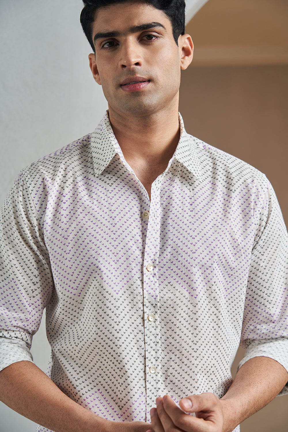 Grey Leaf Chevrons Handblock Printed Men's Shirt 