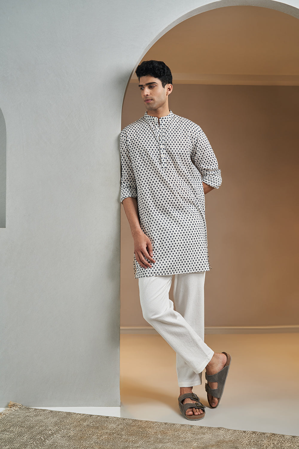 Black Small Petal Handblock Printed Men's Kurta