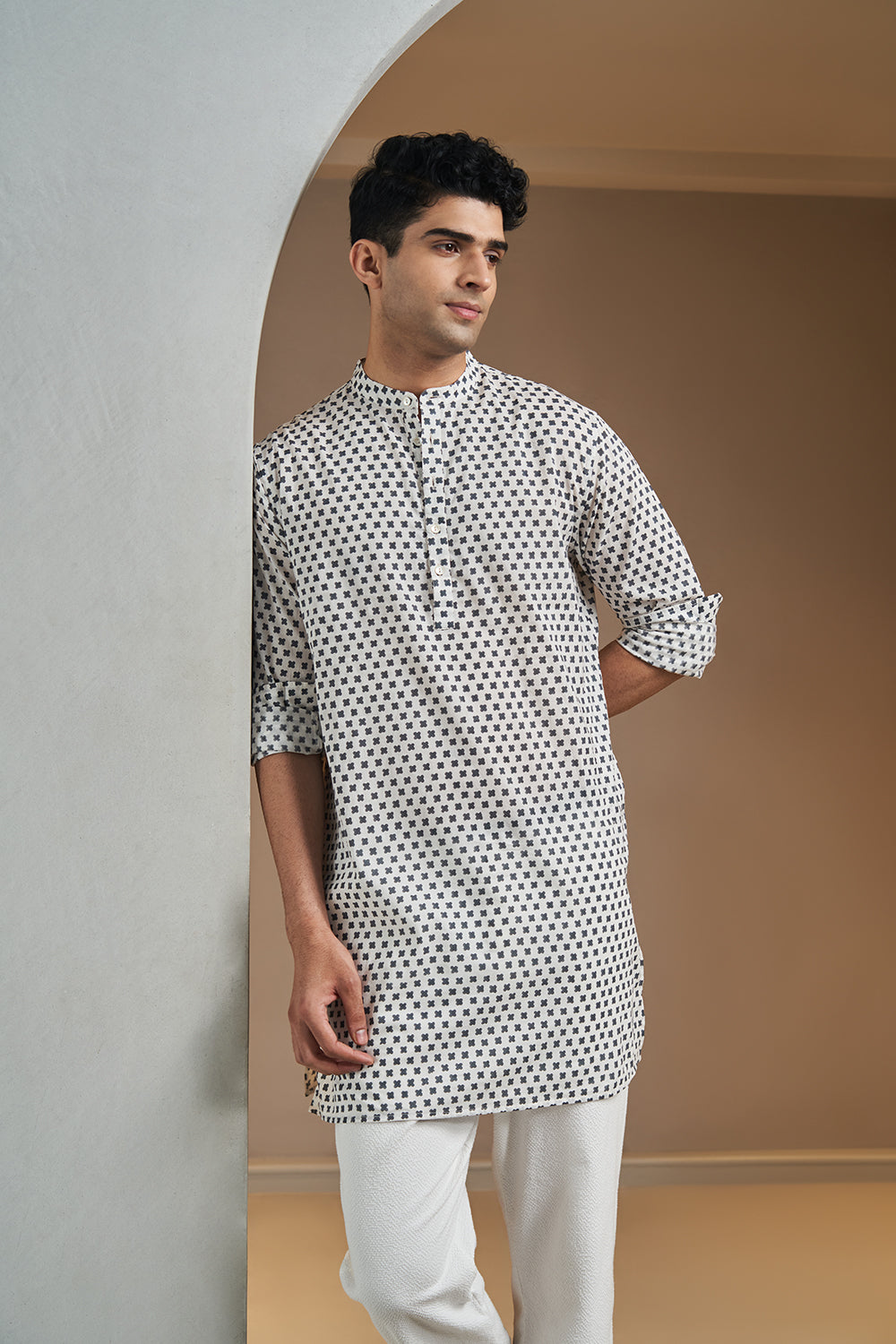 Black Small Petal Handblock Printed Men's Kurta