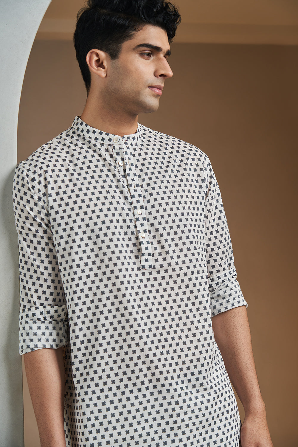 Black Small Petal Handblock Printed Men's Kurta