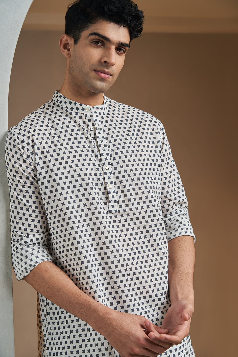 Black Small Petal Handblock Printed Men's Kurta