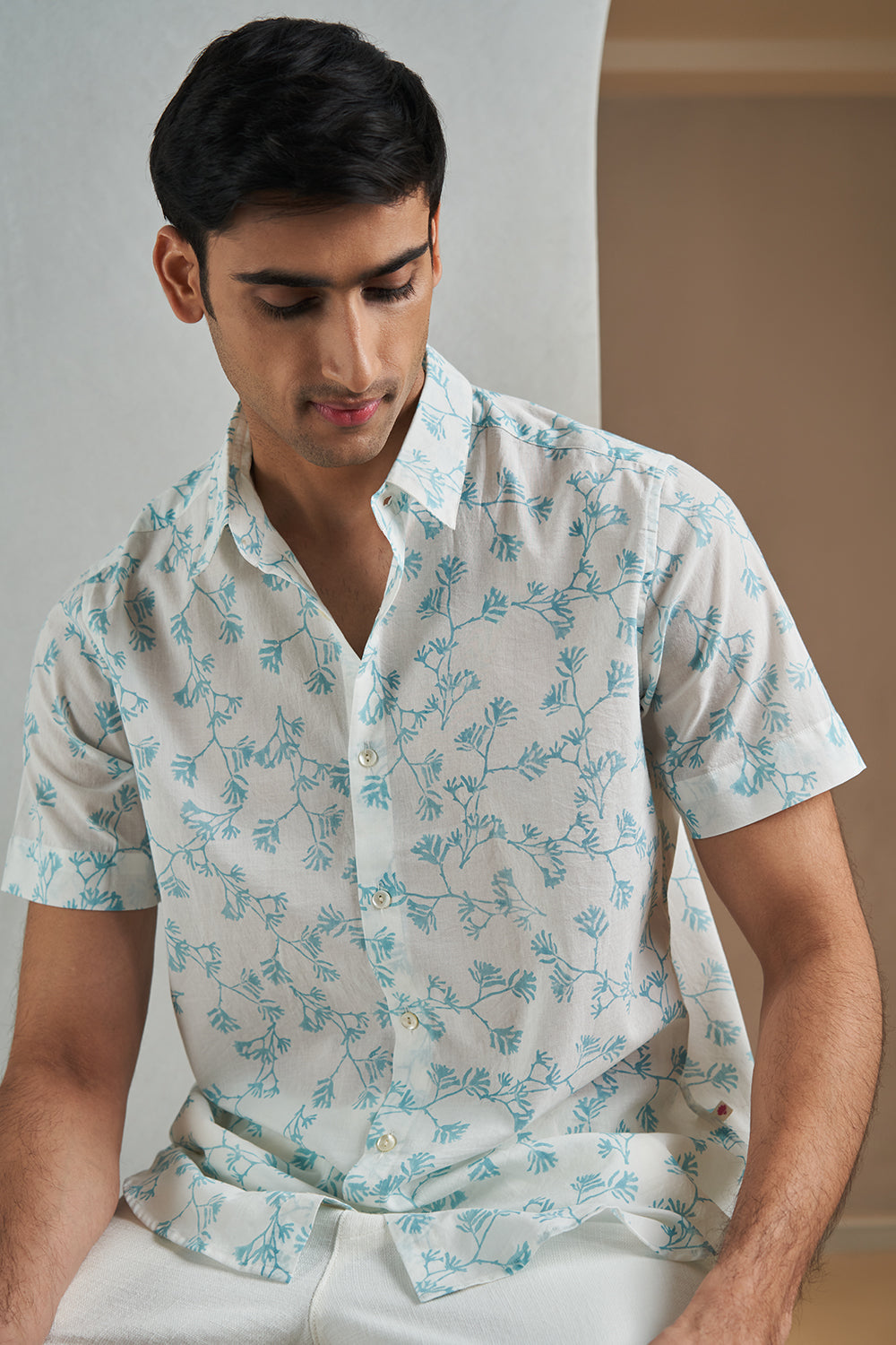 Teal Twigs Handblock Printed Men's Shirt