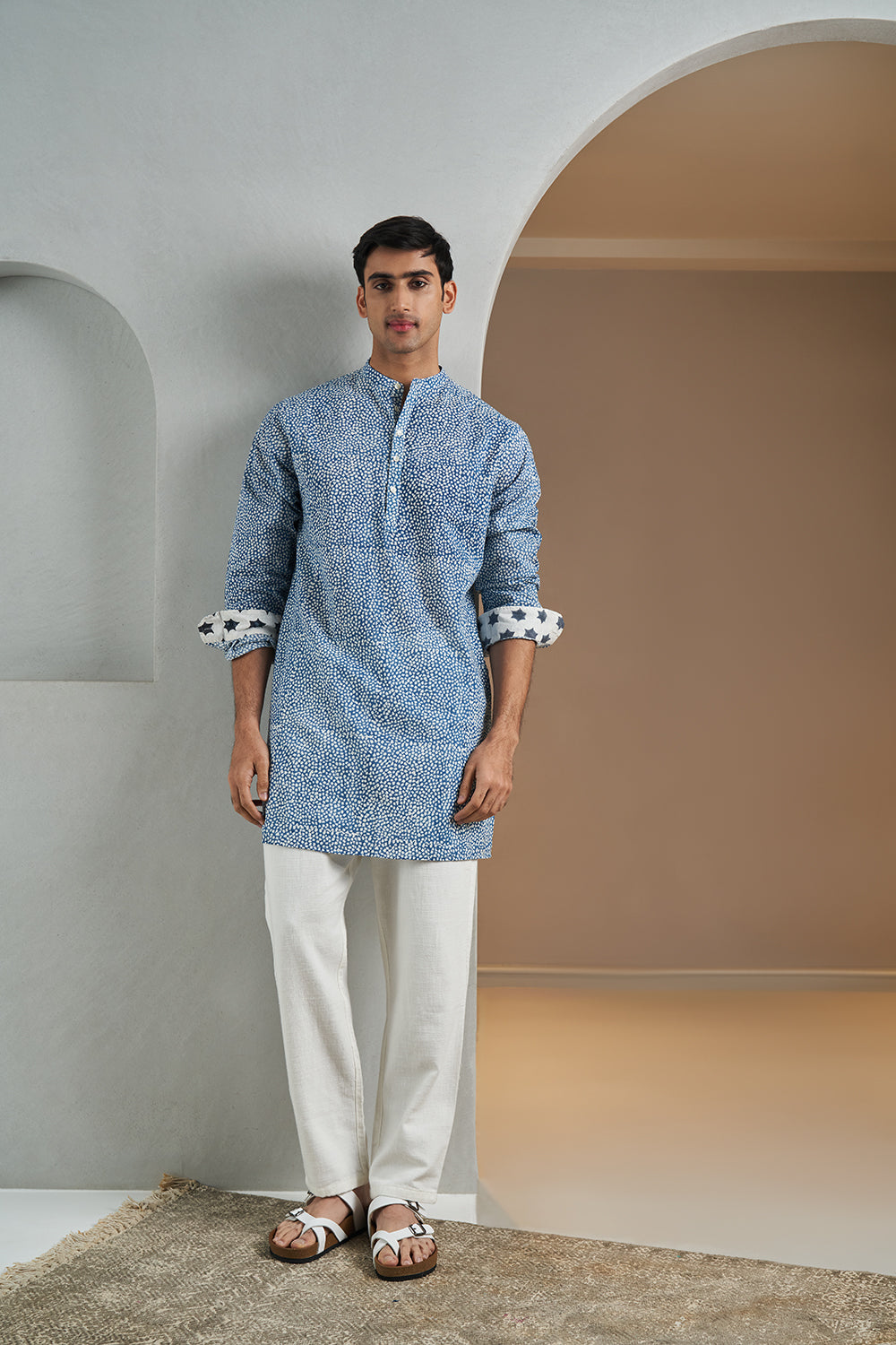 Blue Texture Handblock Printed Men's Kurta