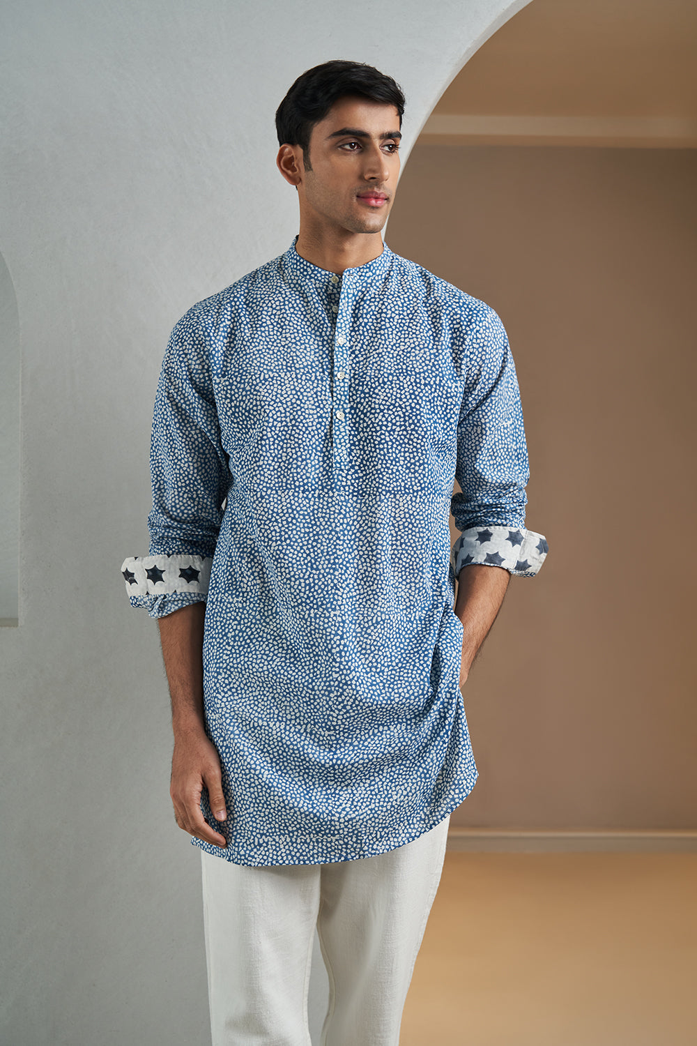 Blue Texture Handblock Printed Men's Kurta